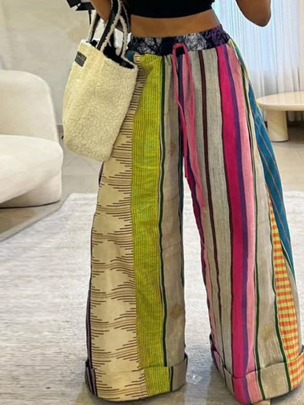 Striped wide-leg trousers with drawstring waist and contrast print for women