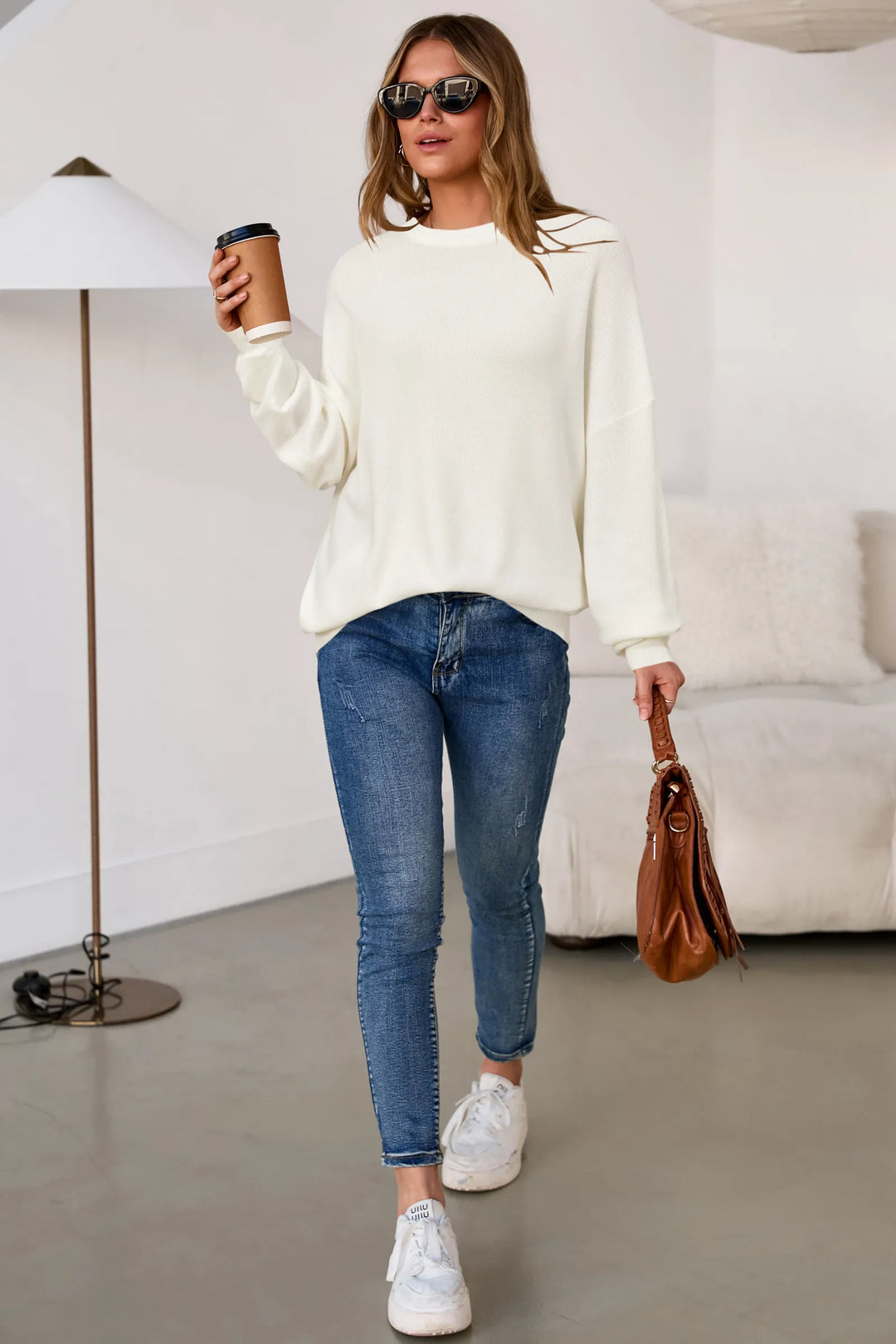 Wool blend oversized crew neck jumper for women