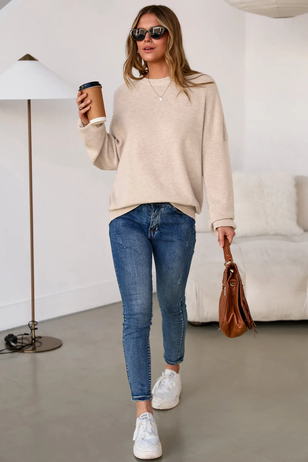 Wool blend oversized crew neck jumper for women