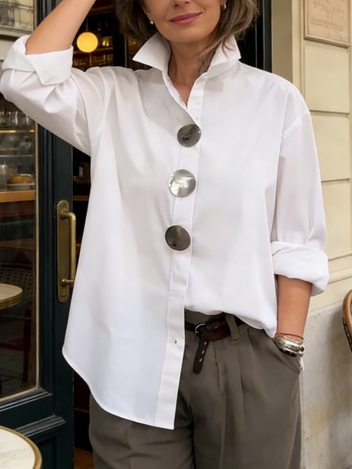 Cotton linen blouse with stand collar and statement buttons for women