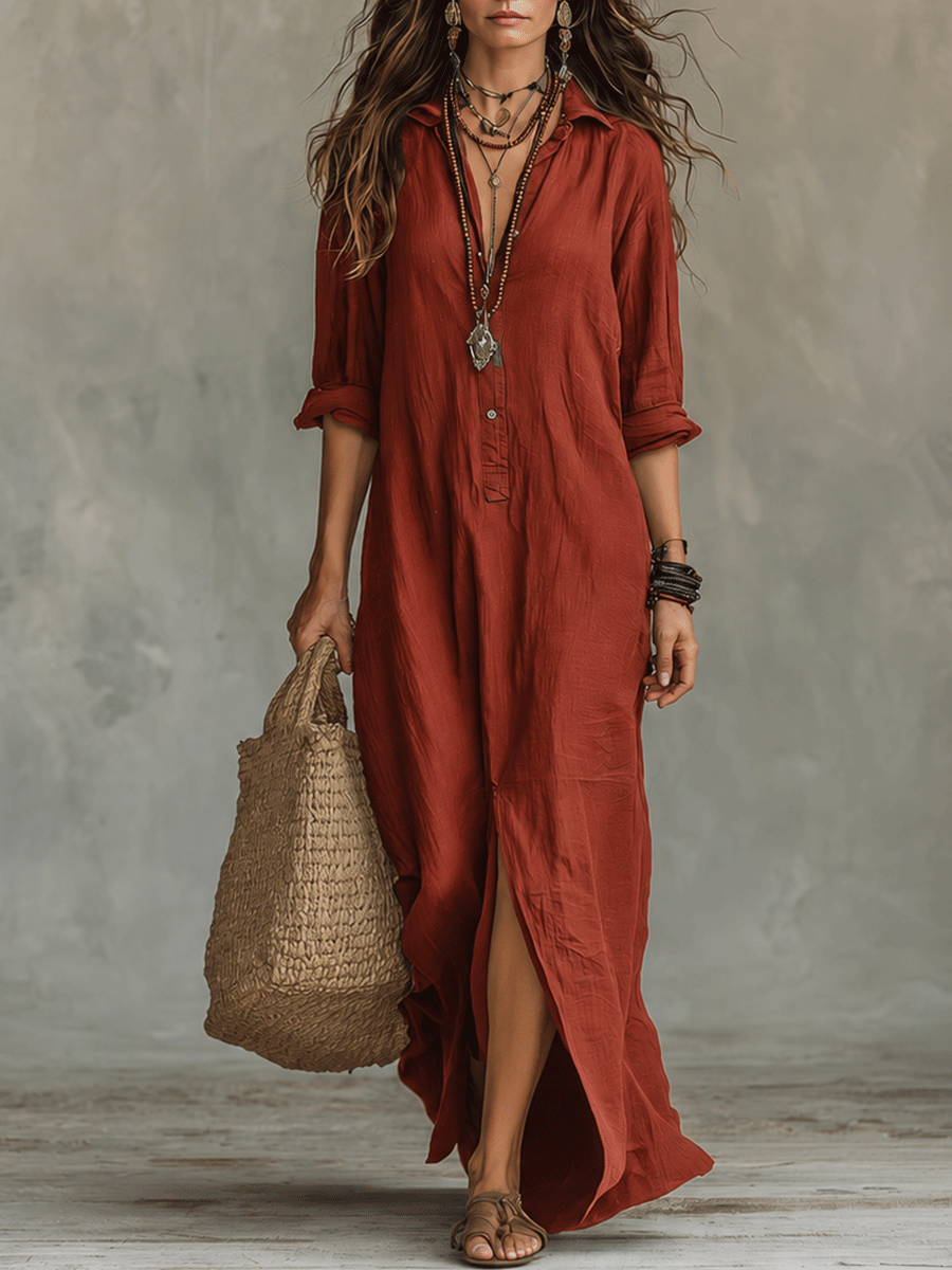 Button-front boho shirt maxi dress with long sleeves for women