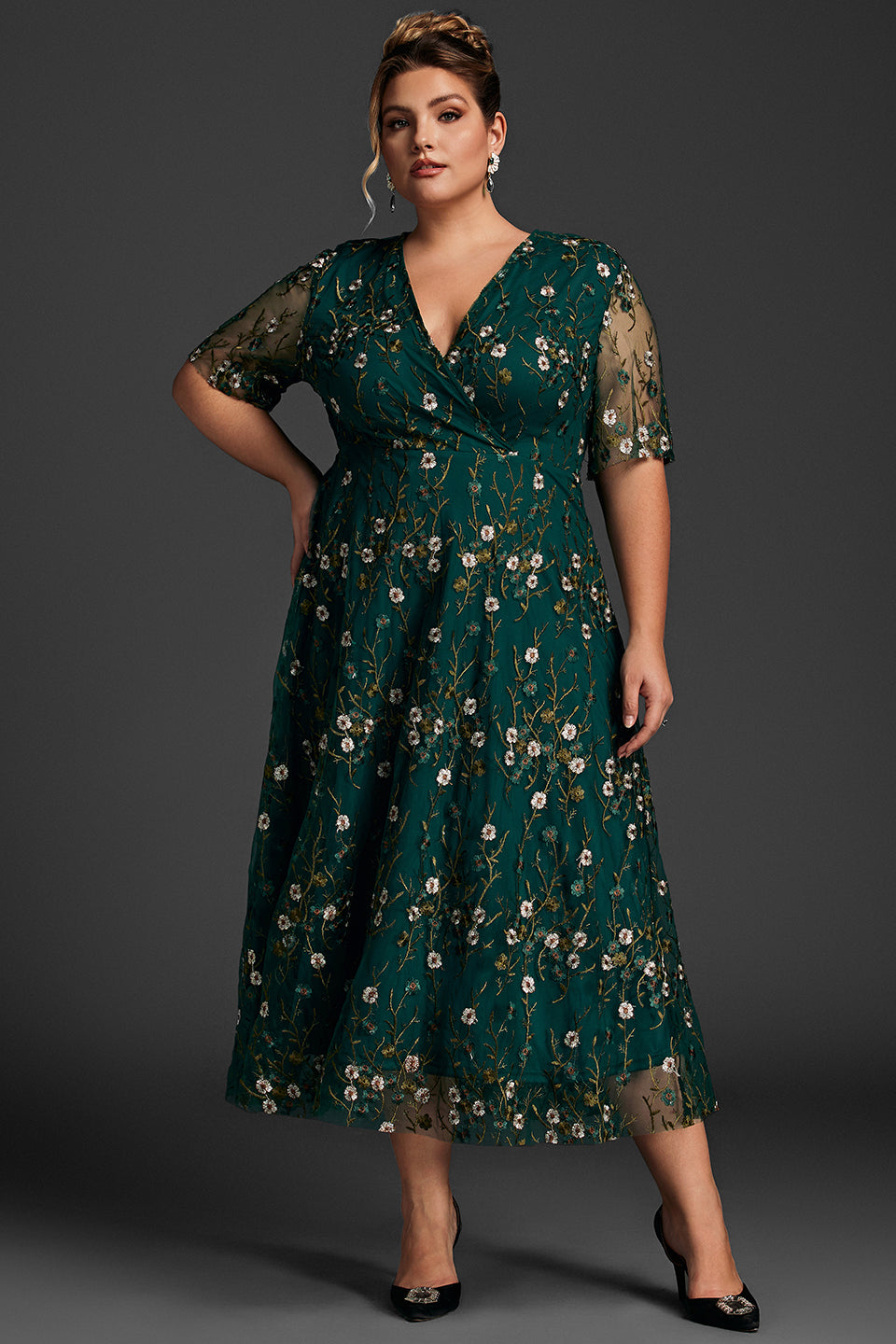 Plus size embroidered maxi dress with ruffle sleeves for women