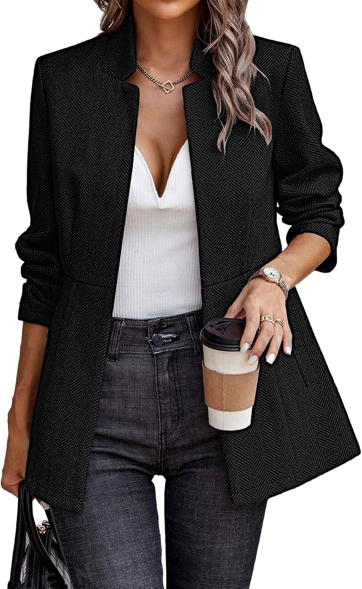 Women’s Herringbone Blazer – Open Front Work Jacket