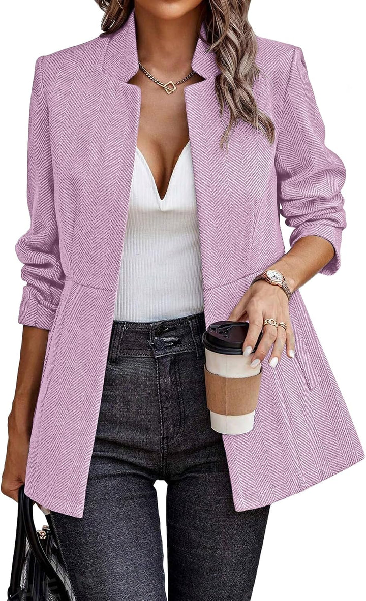 Women’s Herringbone Blazer – Open Front Work Jacket
