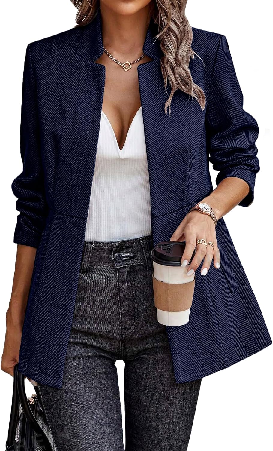 Women’s Herringbone Blazer – Open Front Work Jacket