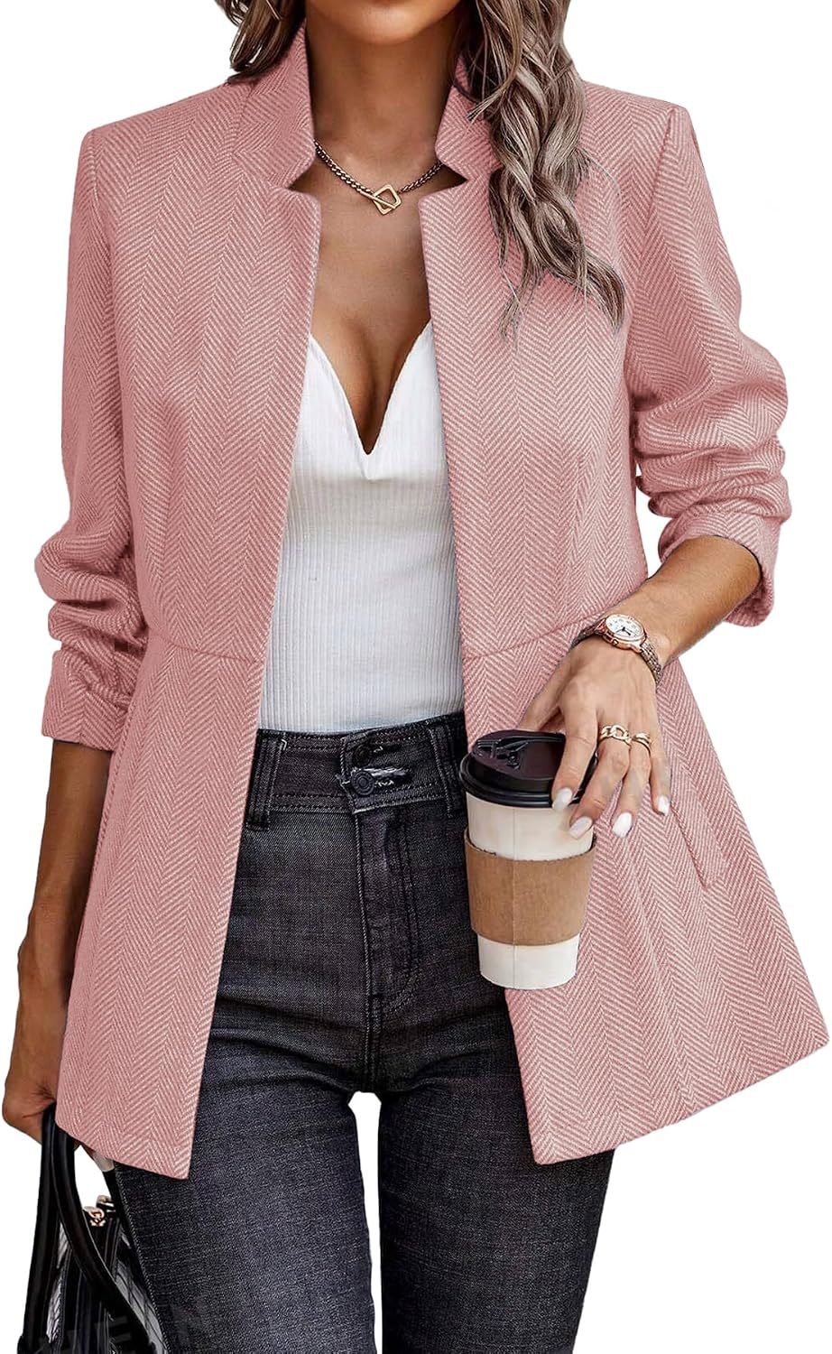 Women’s Herringbone Blazer – Open Front Work Jacket