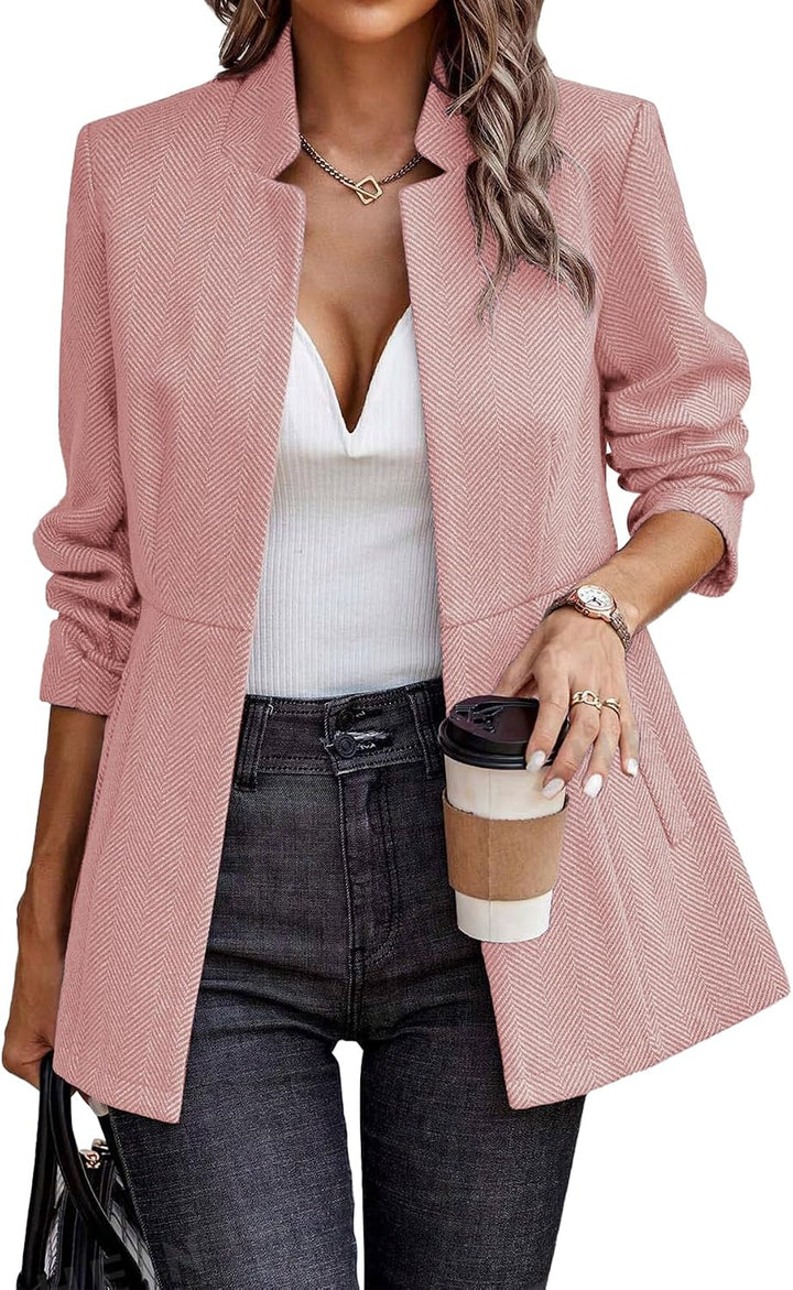 Women’s Herringbone Blazer – Open Front Work Jacket