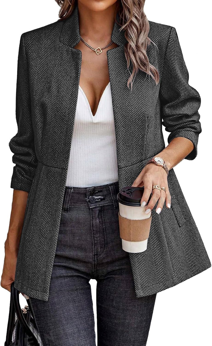 Women’s Herringbone Blazer – Open Front Work Jacket