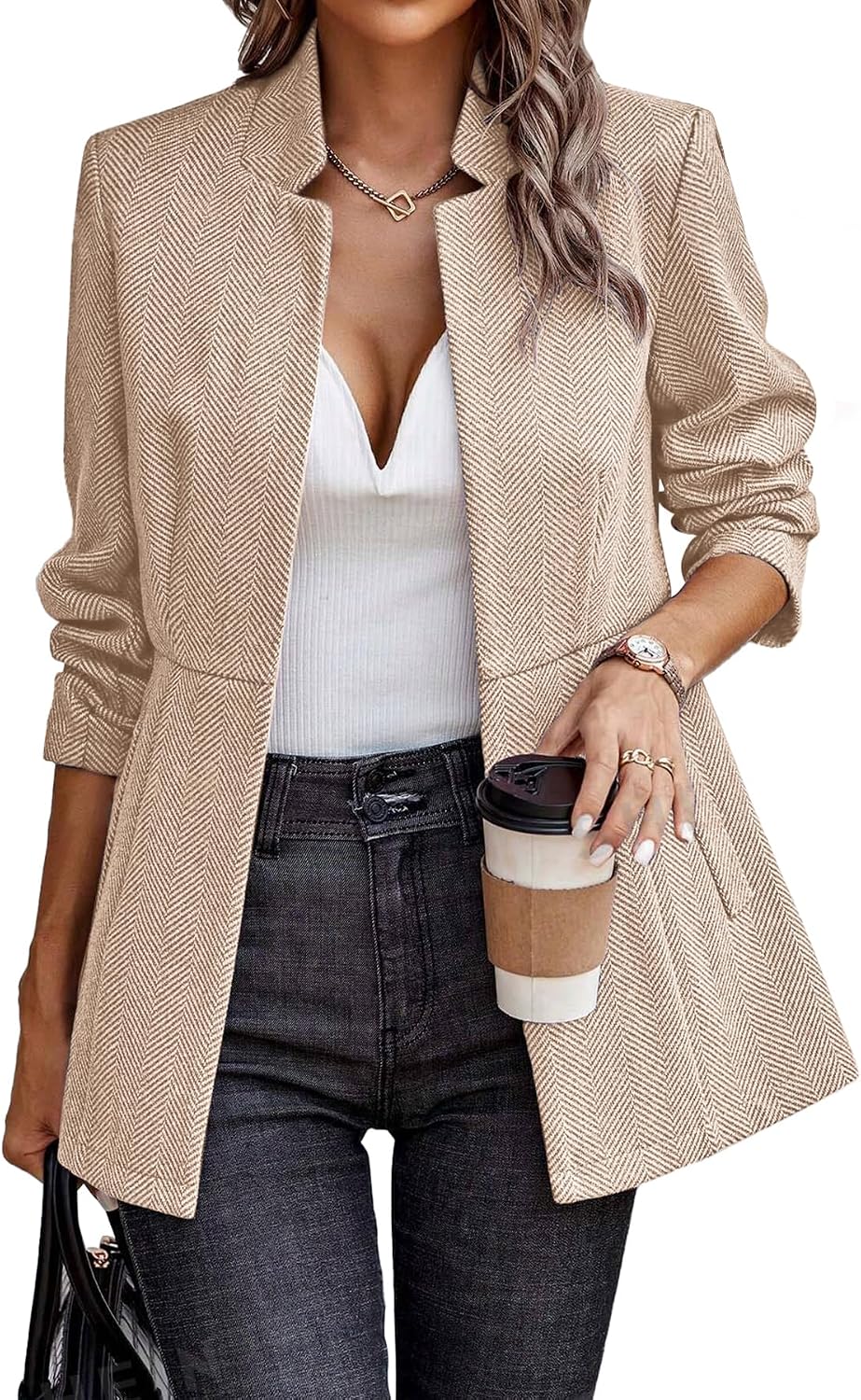 Women’s Herringbone Blazer – Open Front Work Jacket