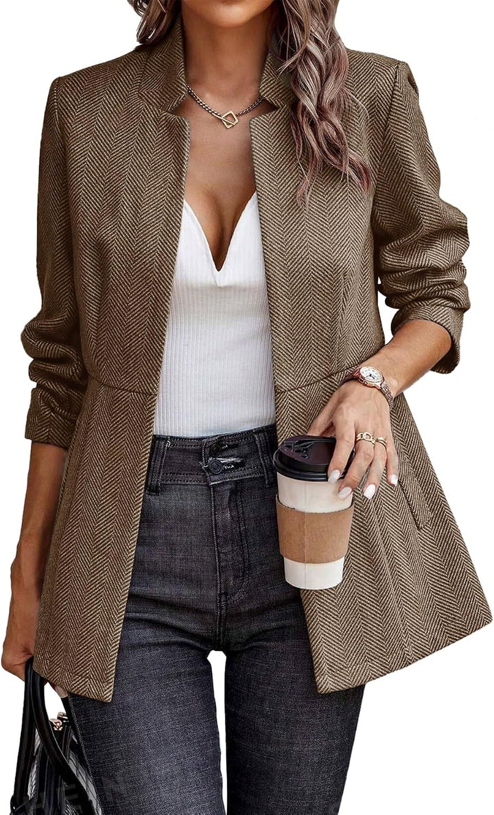 Women’s Herringbone Blazer – Open Front Work Jacket