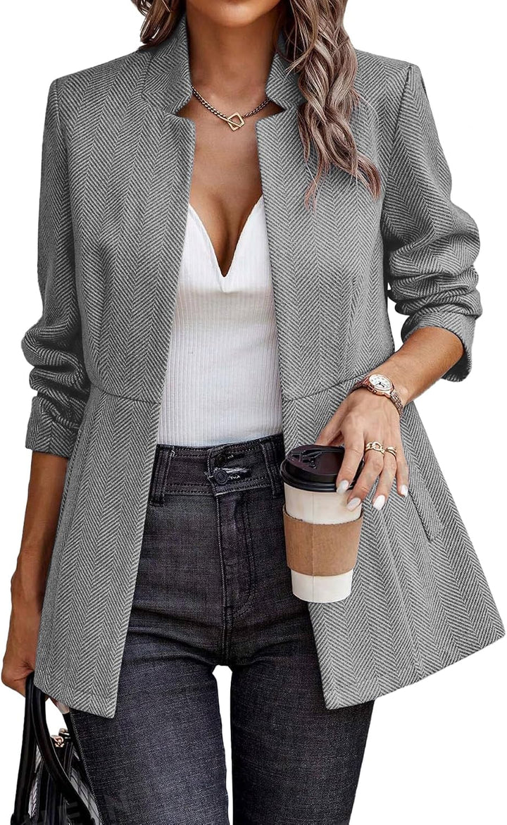 Women’s Herringbone Blazer – Open Front Work Jacket