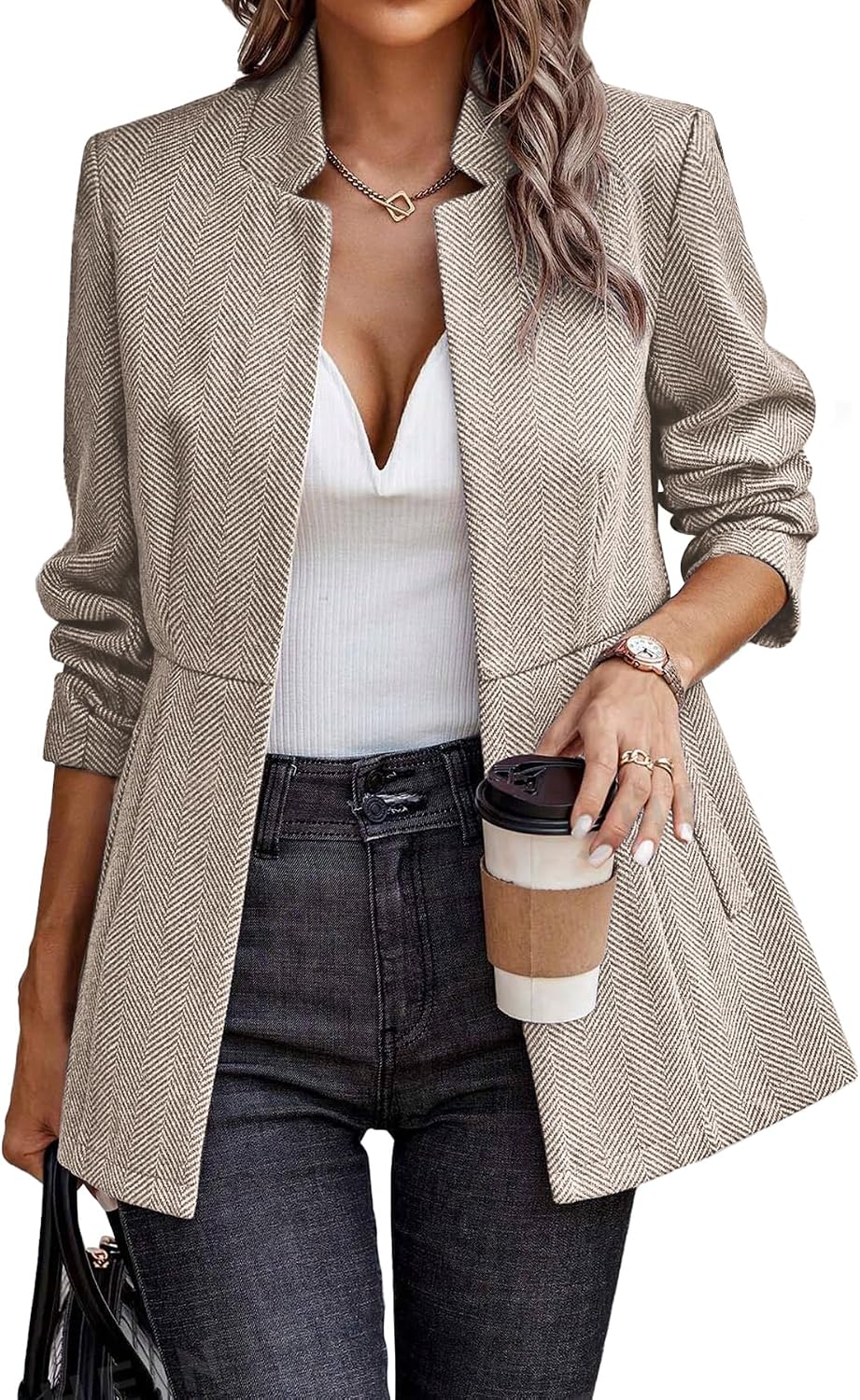 Women’s Herringbone Blazer – Open Front Work Jacket