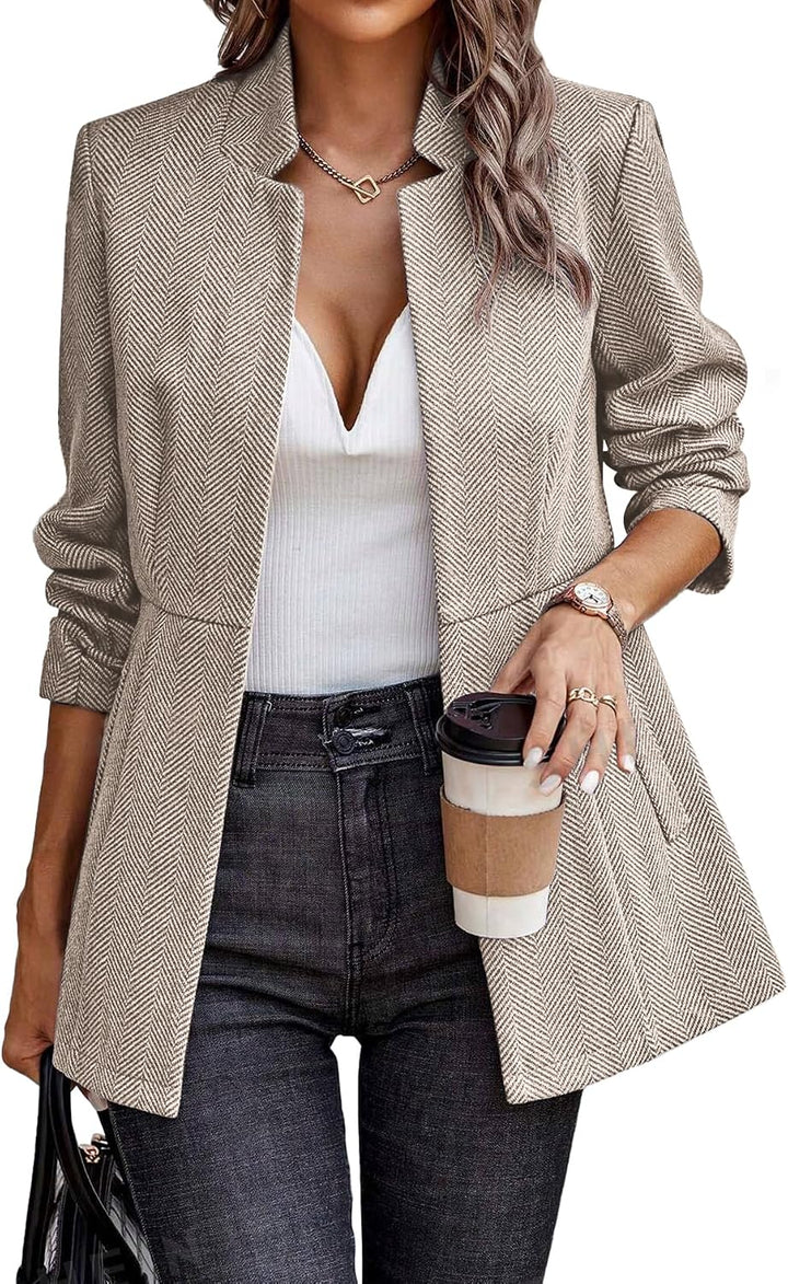 Women’s Herringbone Blazer – Open Front Work Jacket