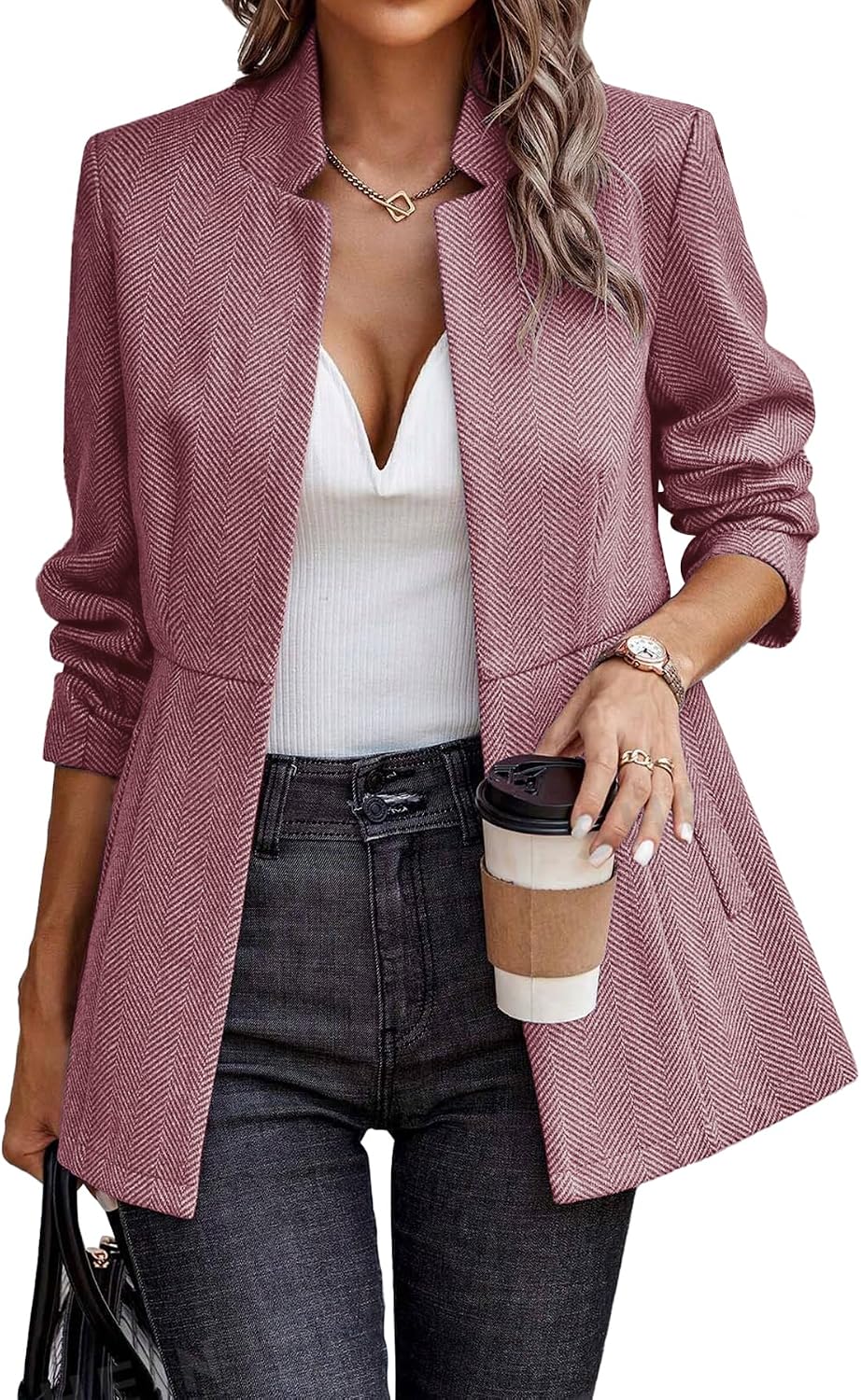 Women’s Herringbone Blazer – Open Front Work Jacket