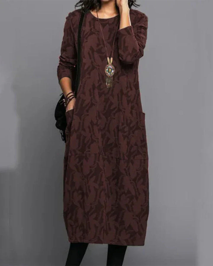 Isabella Robe Longue Femme – Comfortable Fleece Dress with Long Sleeves, Pockets and Trendy Floral Pattern