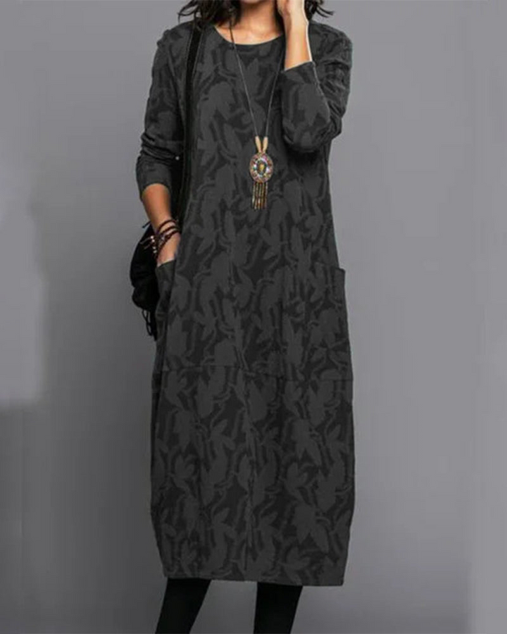 Isabella Robe Longue Femme – Comfortable Fleece Dress with Long Sleeves, Pockets and Trendy Floral Pattern