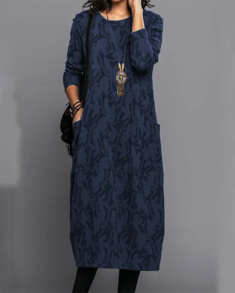 Isabella Robe Longue Femme – Comfortable Fleece Dress with Long Sleeves, Pockets and Trendy Floral Pattern