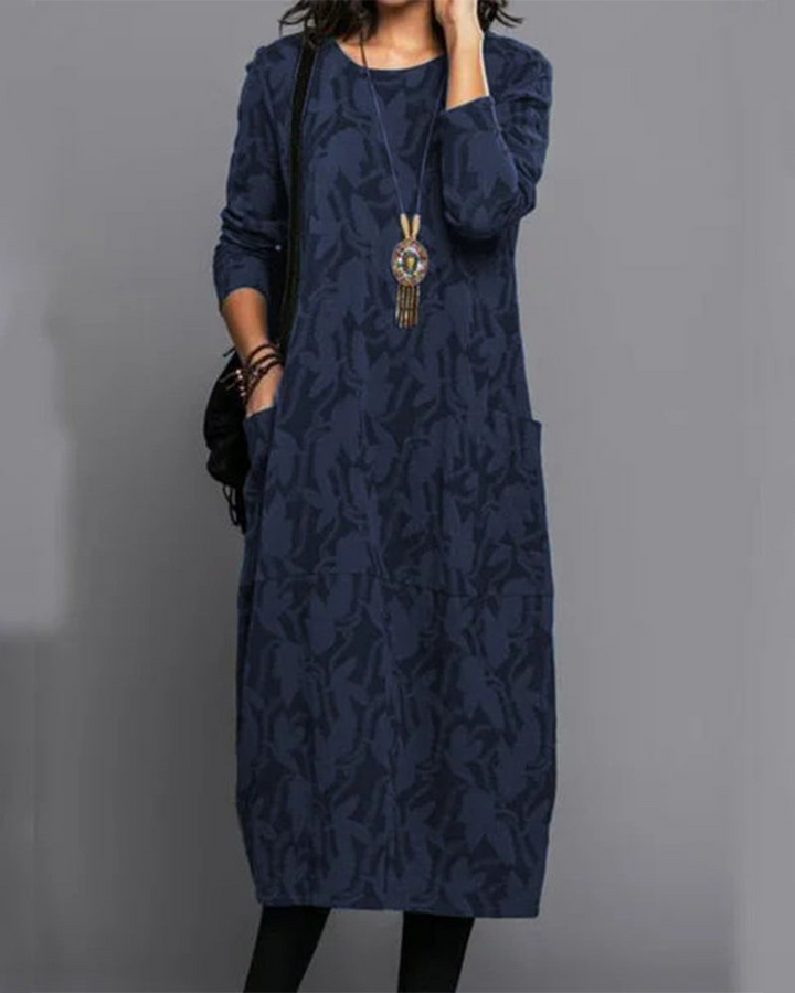 Isabella Robe Longue Femme – Comfortable Fleece Dress with Long Sleeves, Pockets and Trendy Floral Pattern