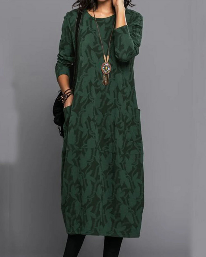 Isabella Robe Longue Femme – Comfortable Fleece Dress with Long Sleeves, Pockets and Trendy Floral Pattern