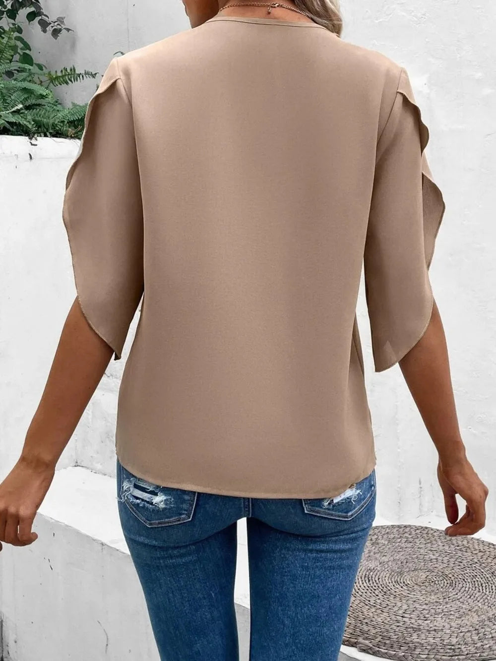 Lace trim V-neck blouse half sleeve for women