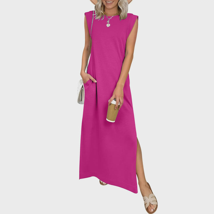 Sleeveless crew neck maxi dress with side pockets and slits for women