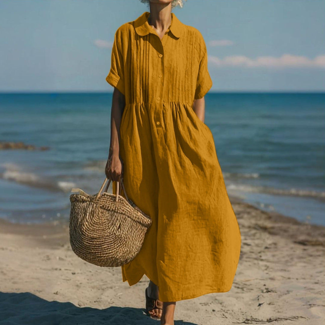 Casual button-down dress with relaxed fit and mid sleeves for women
