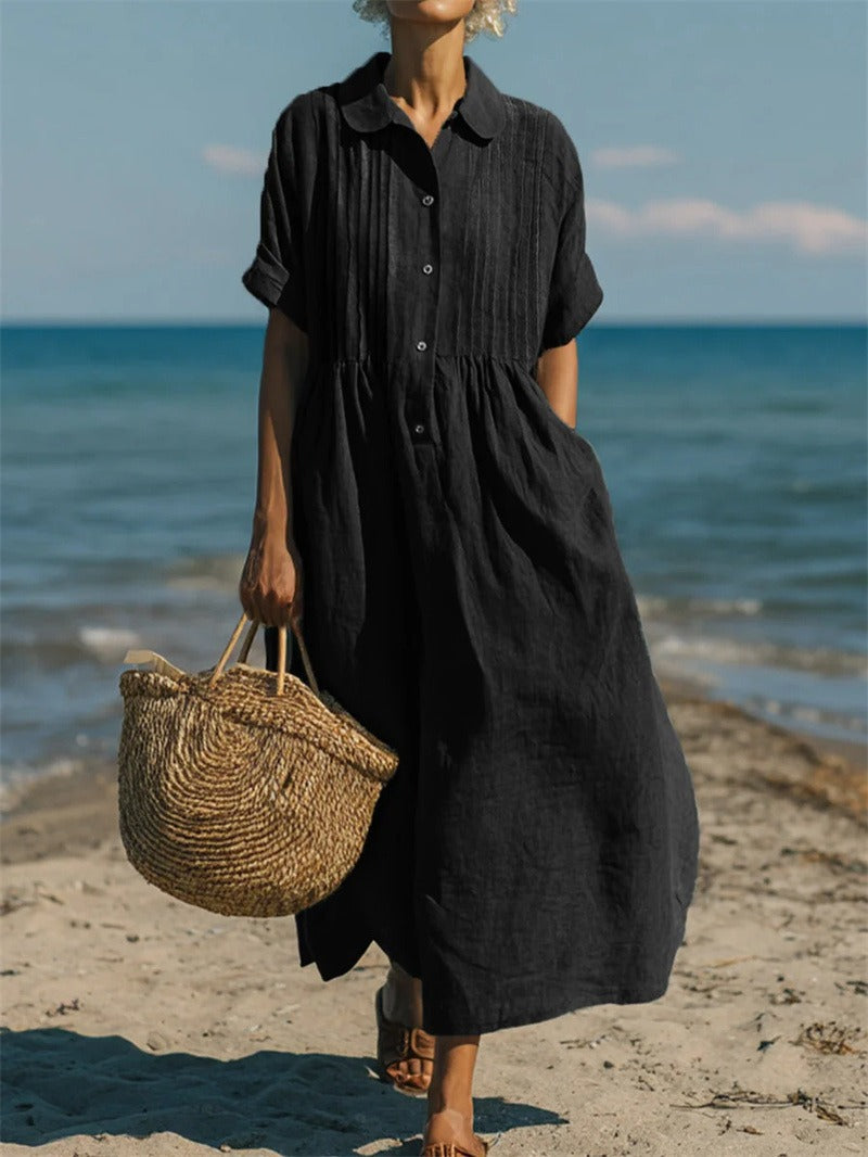Casual button-down dress with relaxed fit and mid sleeves for women