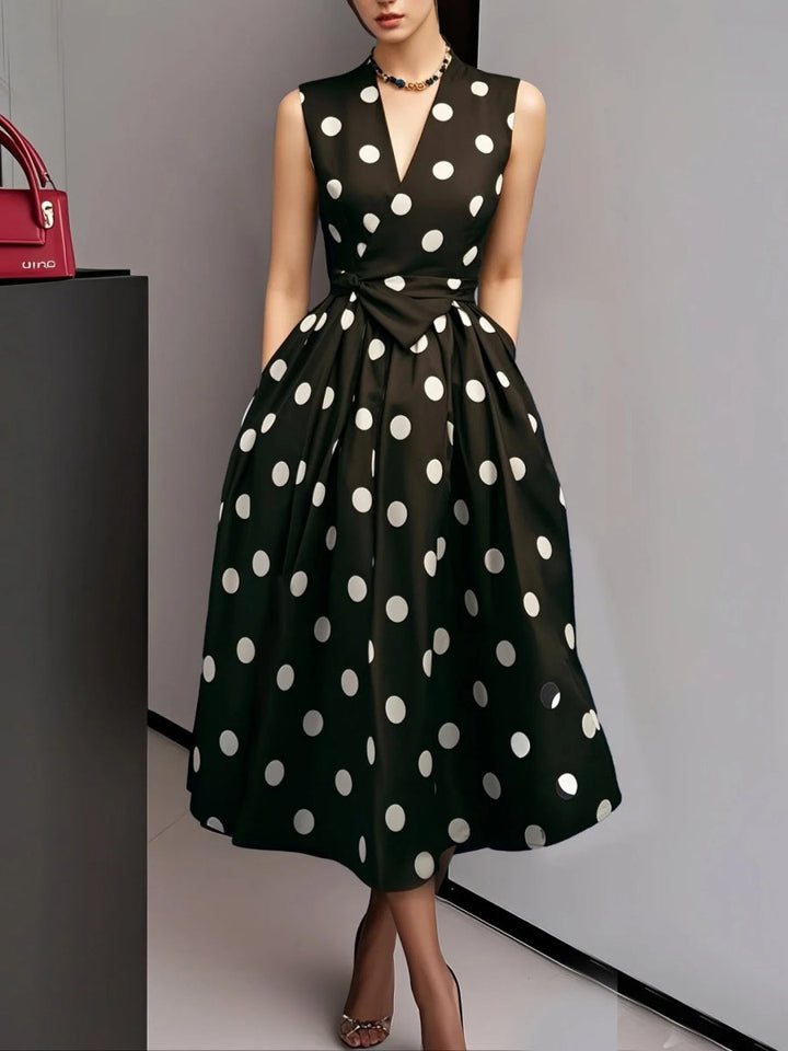 Polka dot midi dress sleeveless v-neck with tie waist for women