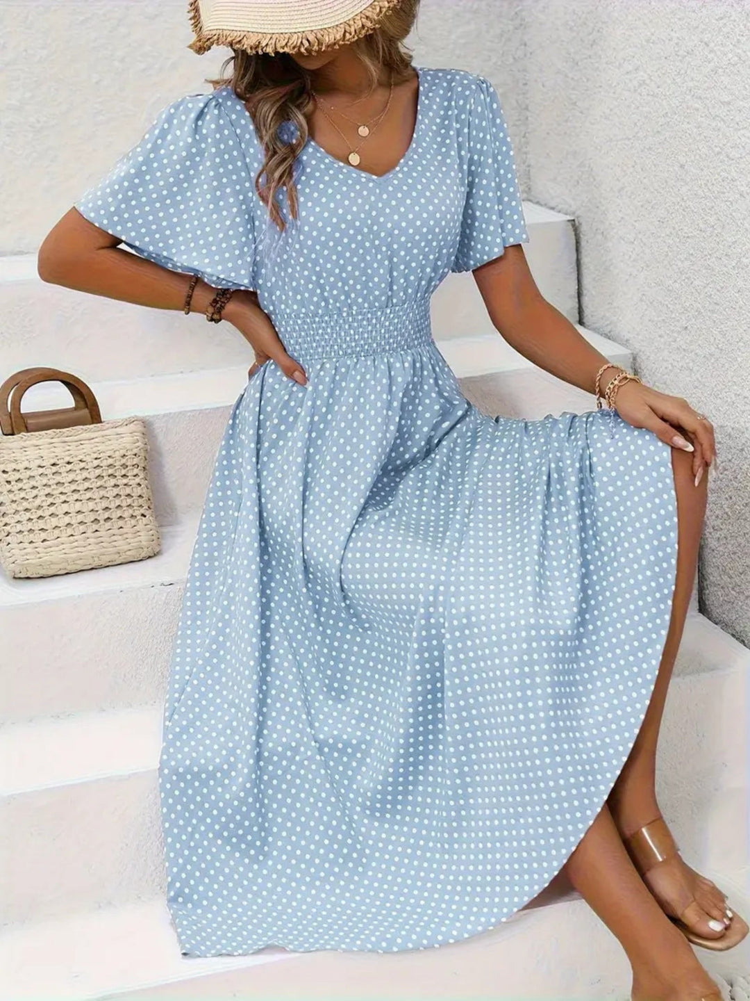 Polka dot maxi dress with flutter sleeves and shaped waist for women