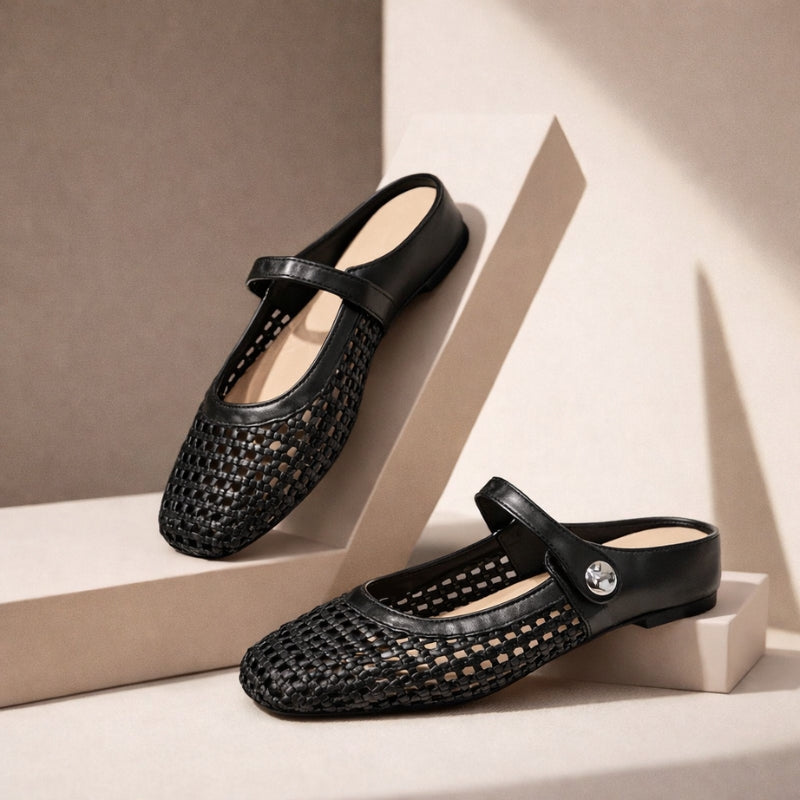 Woven mule flats with Mary Jane strap for women