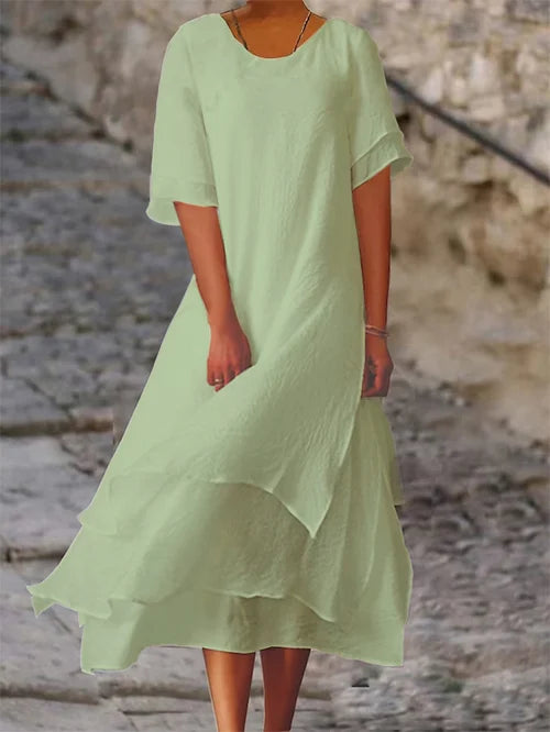 Colour-block double-layer dress with short sleeves and side slit for women