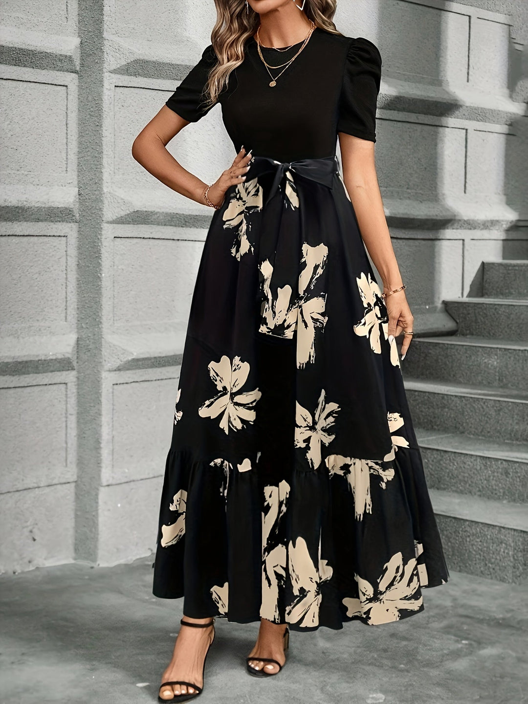 Floral maxi dress with puff sleeves and tie high waist for women