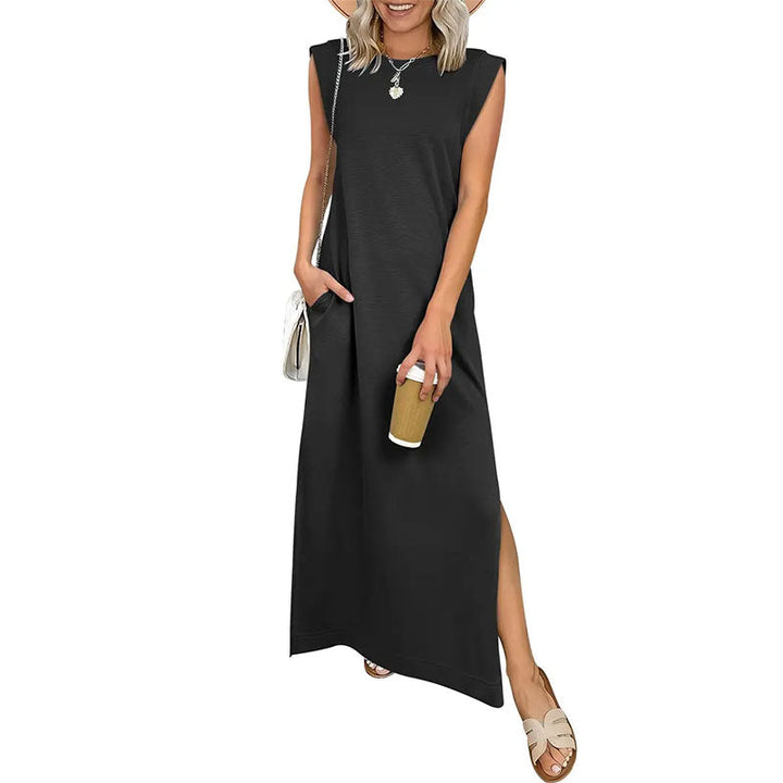 Sleeveless crew neck maxi dress with side pockets and slits for women