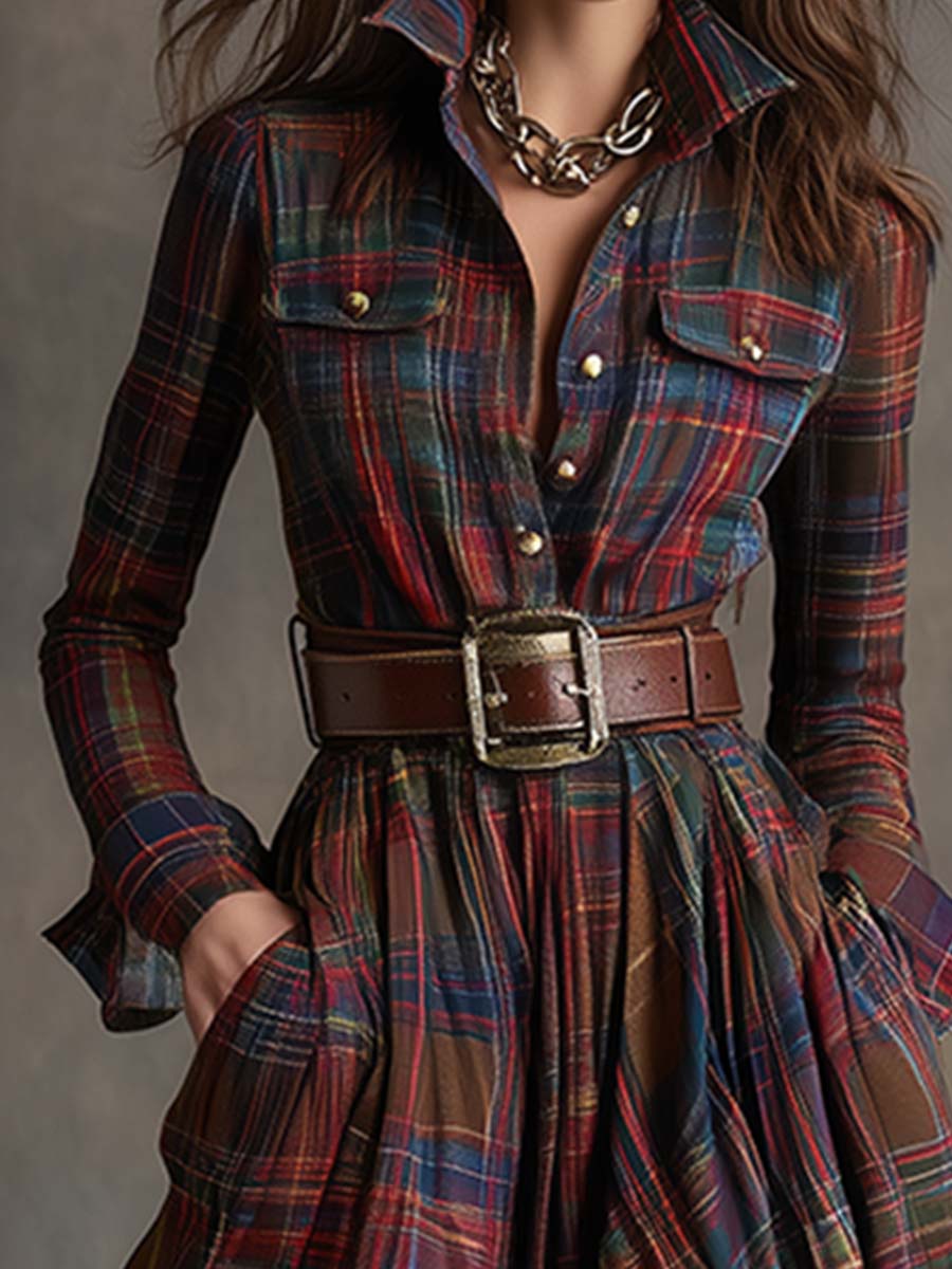 Button-up shirt dress with waist belt for women