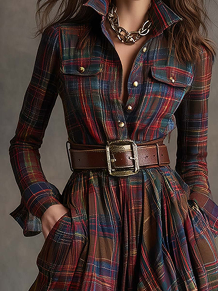 Button-up shirt dress with waist belt for women