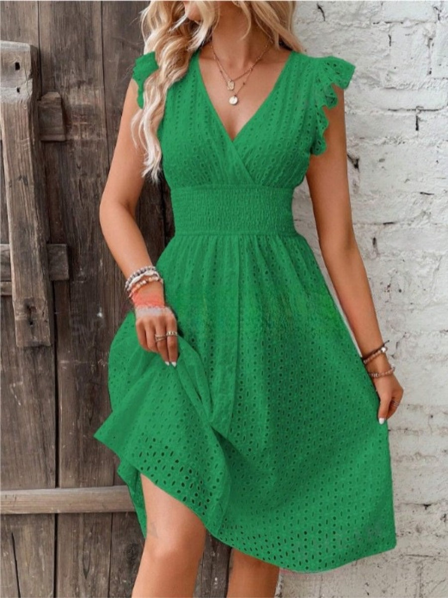 Eyelet midi dress linen blend flutter sleeve V-neck for women