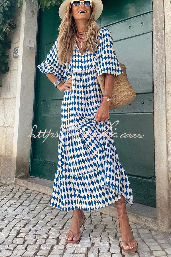Tiered puff sleeve V-neck long dress for women