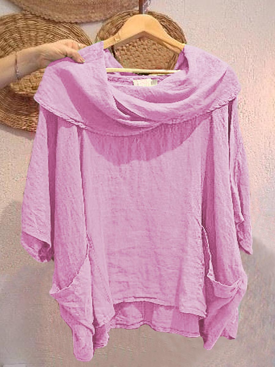 Cotton draped neck top with 3/4 sleeves and pockets for women