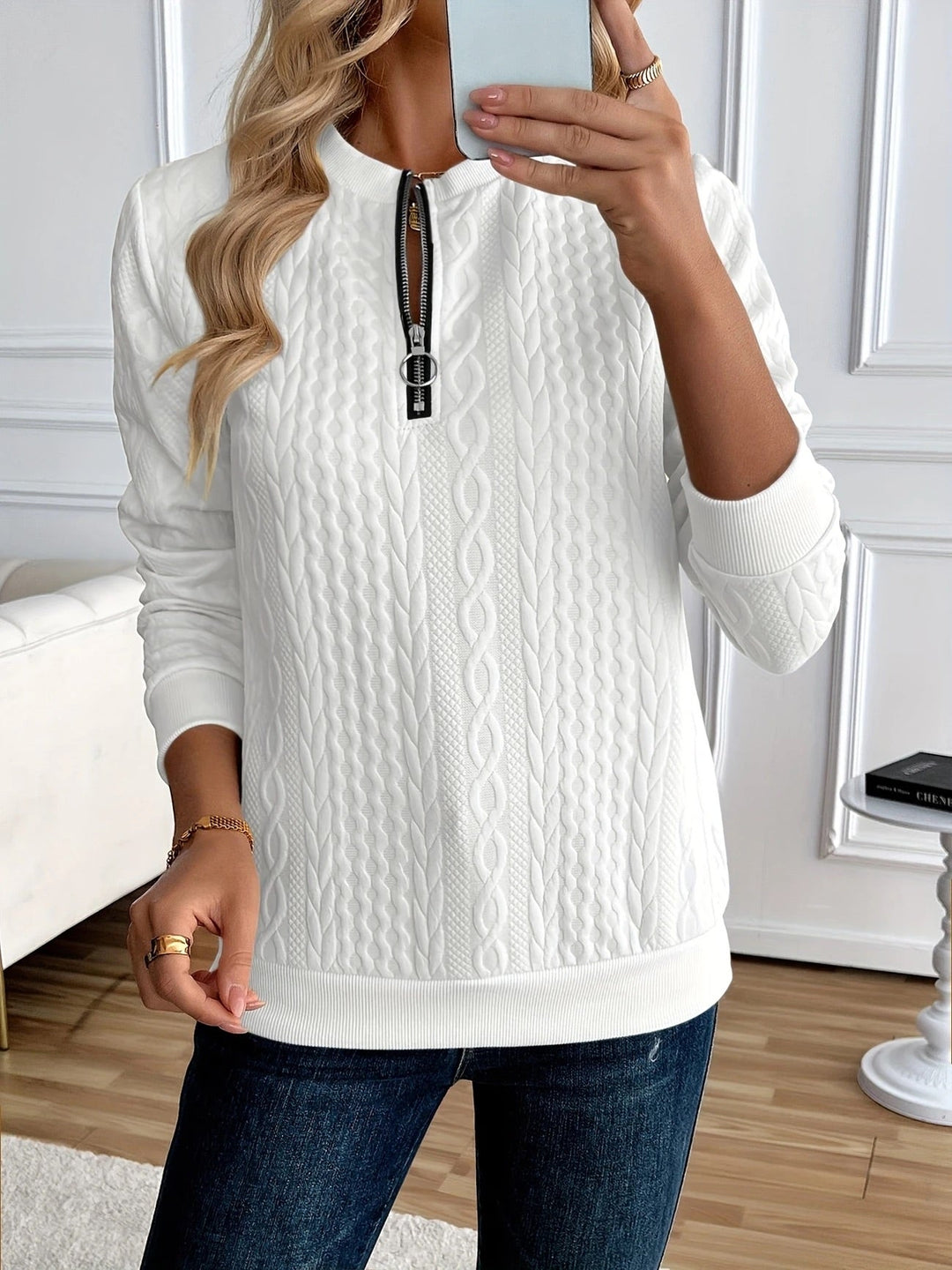 Textured knit sweatshirt with half zip for women