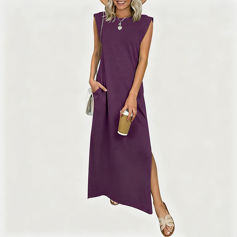 Sleeveless crew neck maxi dress with side pockets and slits for women