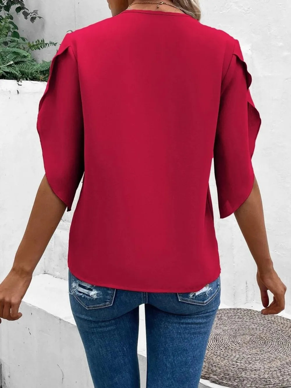 Lace trim V-neck blouse half sleeve for women
