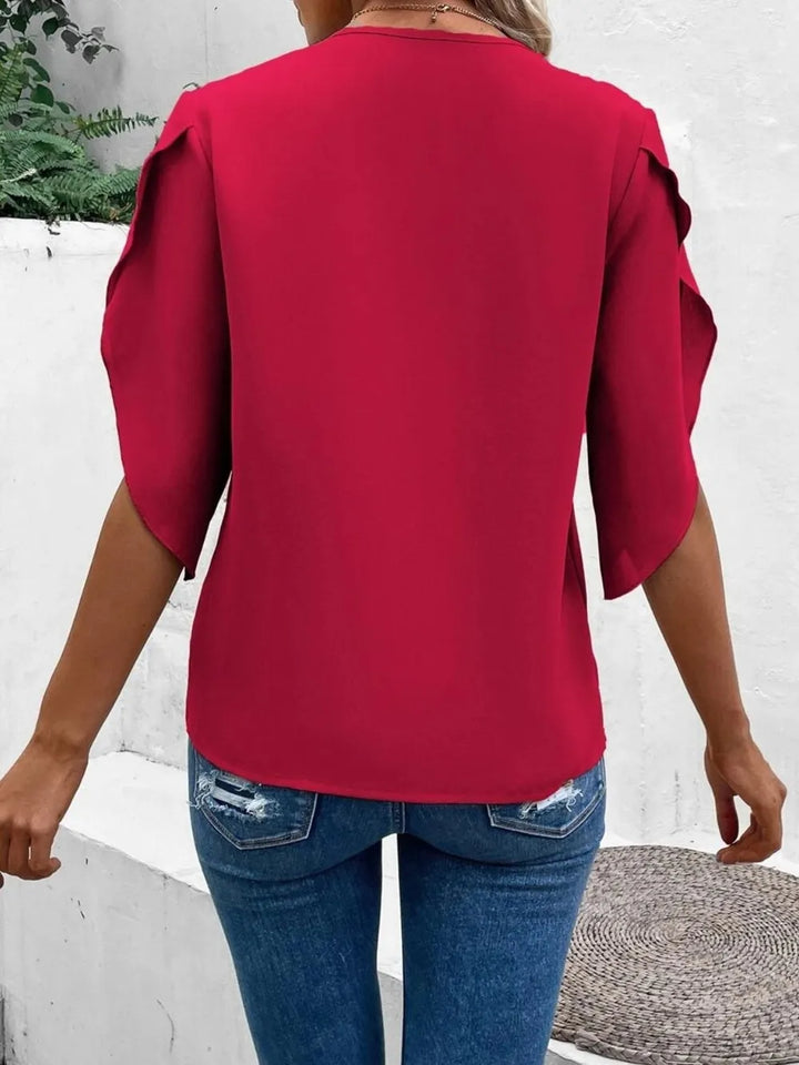 Lace trim V-neck blouse half sleeve for women