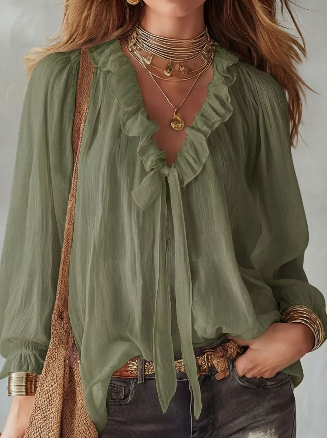 Ruffle tie neck blouse with lantern sleeves and crinkle texture for women