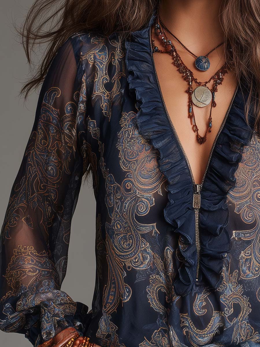 Chiffon paisley blouse with ruffle V-neck for women