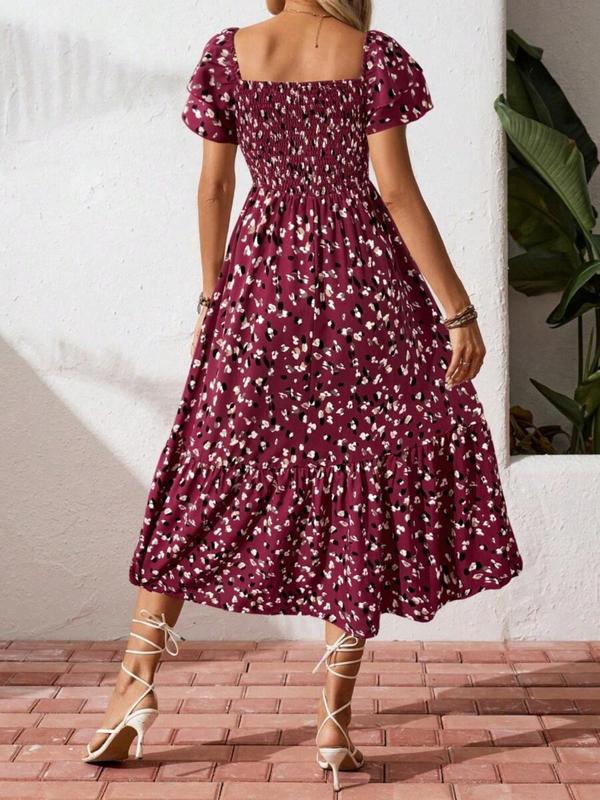 Square neck floral tiered midi dress for women