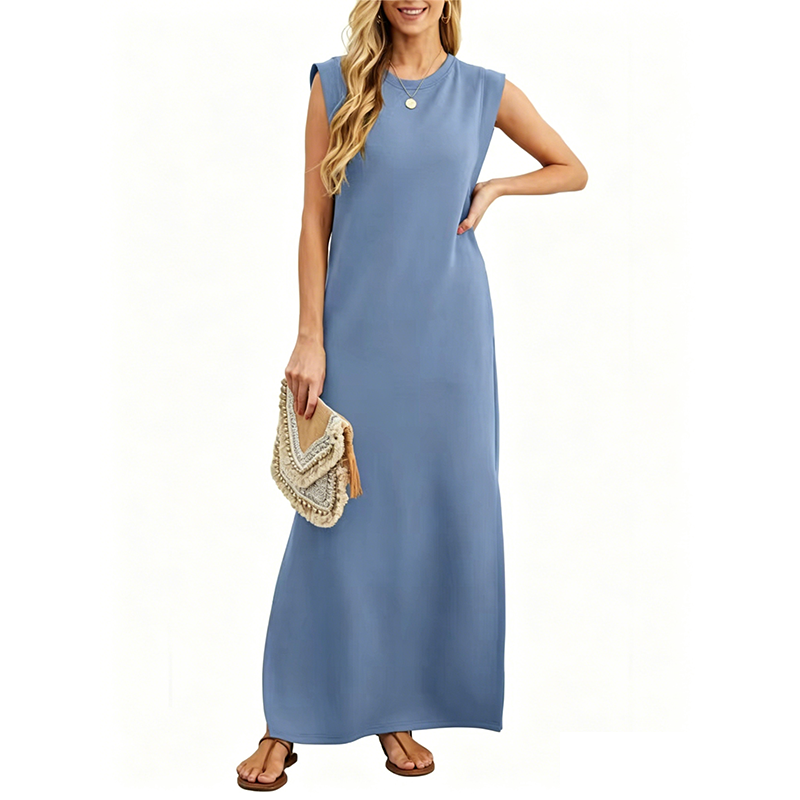 Sleeveless crew neck maxi dress with side pockets and slits for women