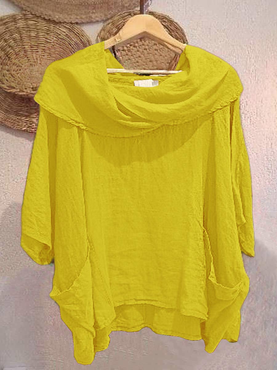 Cotton draped neck top with 3/4 sleeves and pockets for women