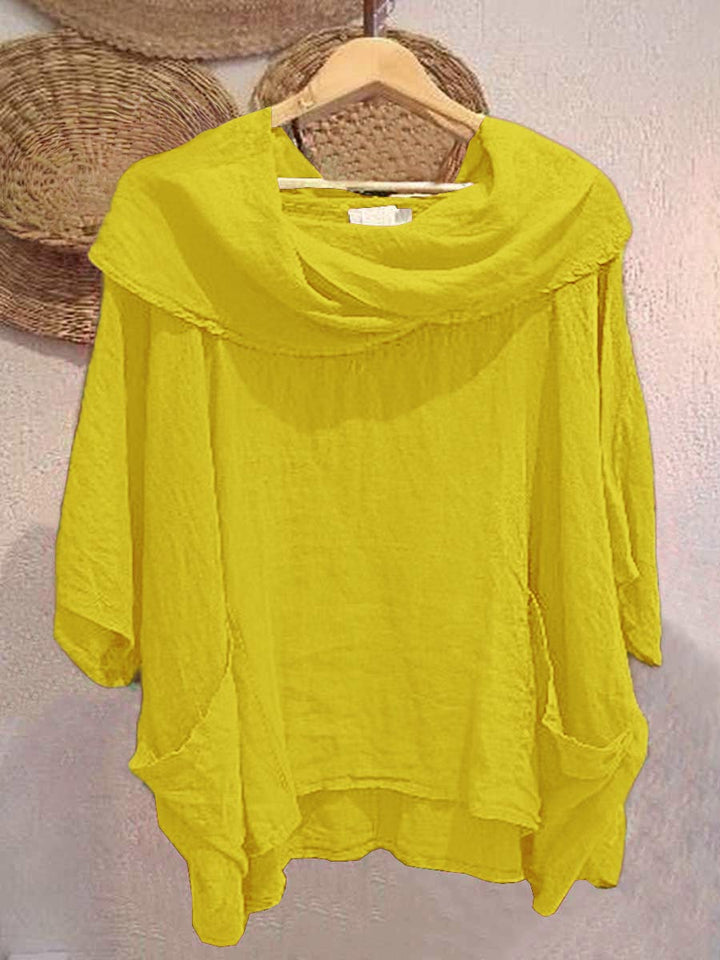 Cotton draped neck top with 3/4 sleeves and pockets for women