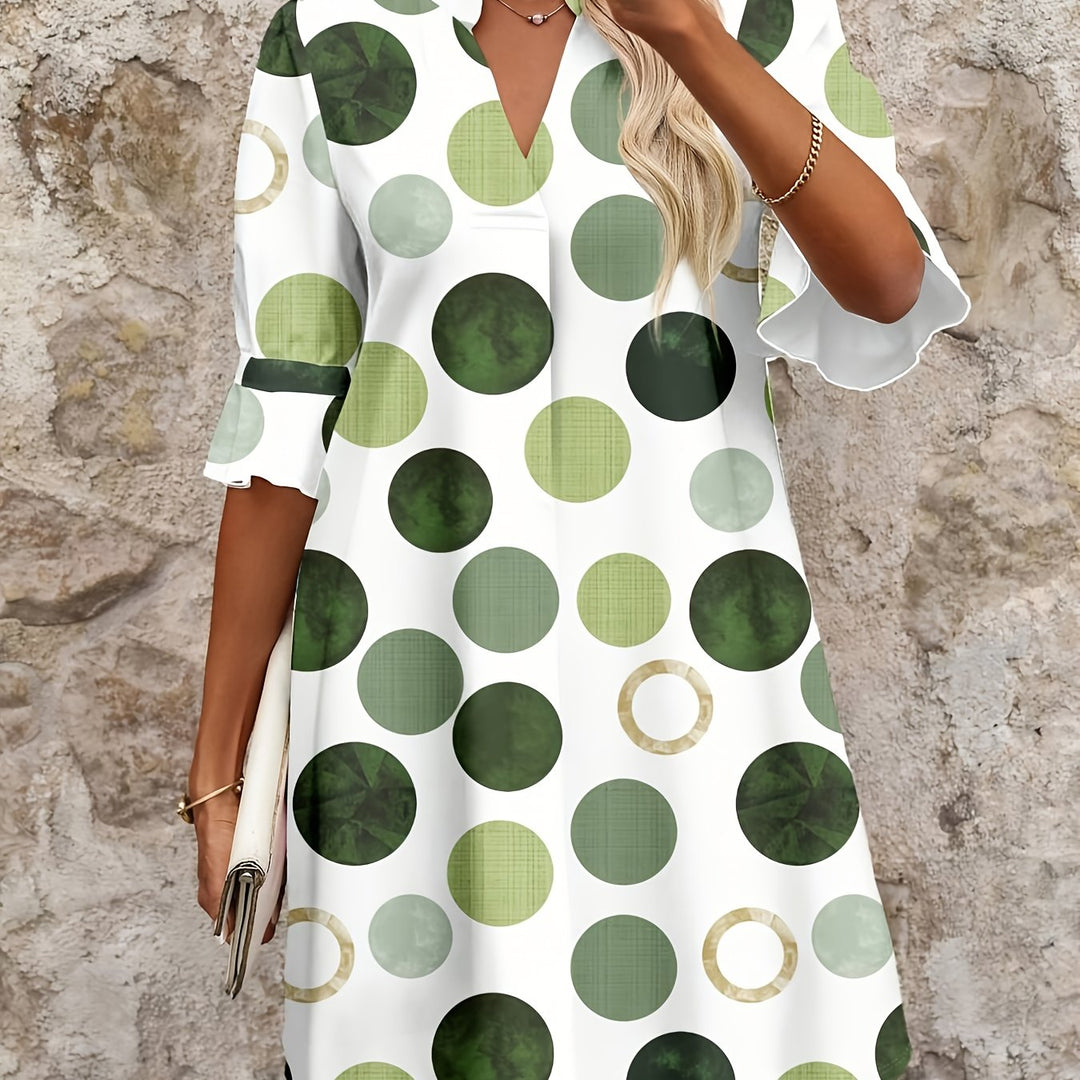 Polka dot mini dress with collared V-neck and ruffled 3/4 sleeves for women
