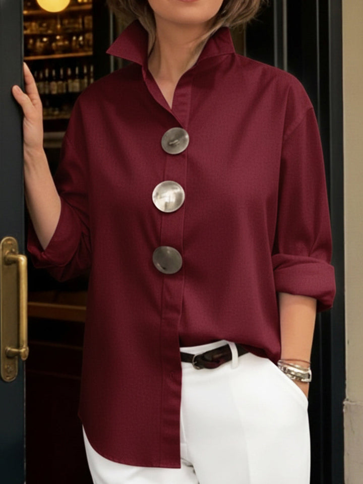 Cotton linen blouse with stand collar and statement buttons for women